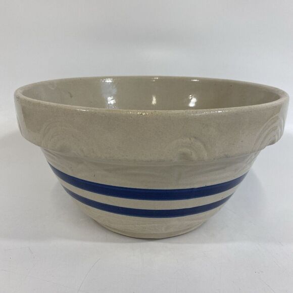 Vtg RRP ROSEVILLE OHIO POTTERY STONEWARE MIXING BOWL Blue Stripes 10” Farmhouse - Picture 2 of 11